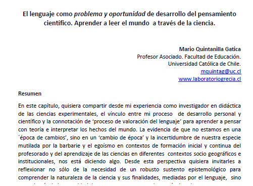 Mario Quintanilla Gatica.El lenguaje como problema y oportunidad de desarrollo del pensamiento científico. Aprender a leer el mundo a través de la ciencia.